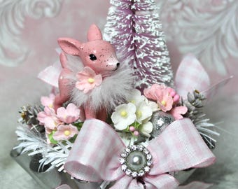 Pink Christmas Deer Vintage: Bottle Brush Trees in Vintage Tart Tin Kitsch