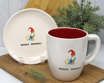 Rae Dunn MERRY GNOMAS Mug and Plate Set: Christmas Cat Gnome