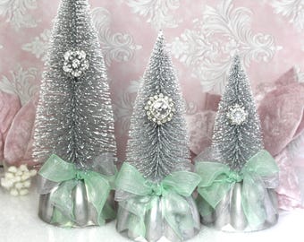 Bottle Brush Christmas Trees - Set of 3 Silver - Vintage Jello Mold Stands