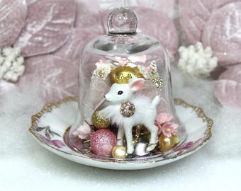 Christmas Deer Vintage: Bottle Brush Trees under Glass Cloche Kitsch