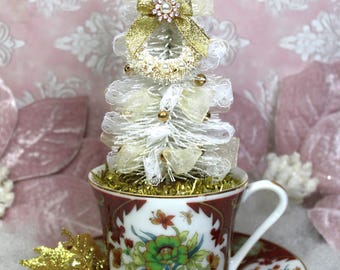 Shabby Chic Christmas Centerpiece: Bottle Brush Tree in Vintage Teacup Gold Burgundy