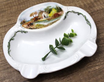 Vintage White Porcelain Ashtray with Landscape Cottage Farm River Scene