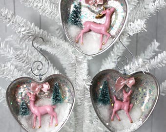 Pink Deer Christmas Ornaments: Vintage Jello Mold Tin, Bottle Brush Trees - Set of 3