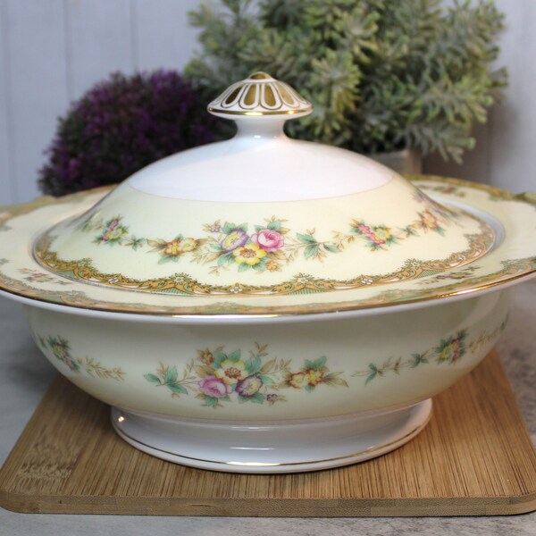 Vintage Meito China Round Serving Dish with Lid Gold Trim