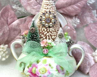 Pink Christmas Tree Assemblage: Vintage Sugar Bowl Shabby Chic Pink Holiday Decor