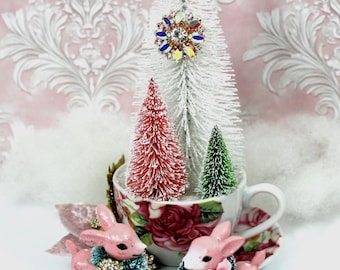 Pink Deer, Bottle Brush Trees: Shabby Chic Teacup Christmas Scene