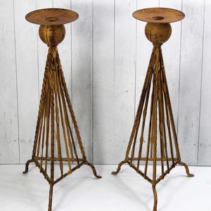 Tall Pair Candle Holders Iron Metal Pyramid Triangular Distressed Surface Golden-Yellow and Brown 15"