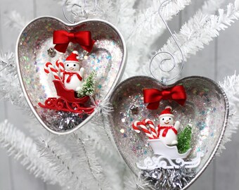 Vintage Retro Style Snowman Christmas Ornaments: Retro Jello Mold Tin Heart Pair