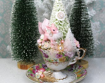 Pink Christmas Deer and Bottle Brush Trees  Assemblage: Shabby Chic Holiday Decor
