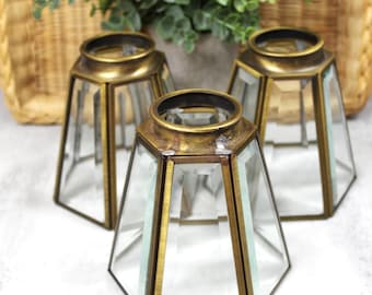 Vintage Set of 3 Brass & Beveled Glass Light Shade: Hexagon Ceiling Fan Cover