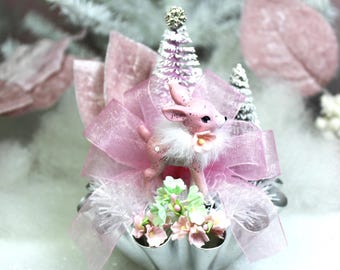 Pink Christmas Deer Vintage: Bottle Brush Trees in Vintage Tart Tin Kitsch