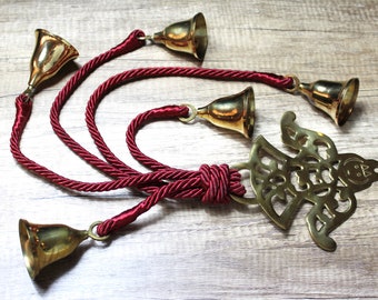 Vintage Brass Angel Hanging Brass Bells Red Satin Cord Christmas Door Decor