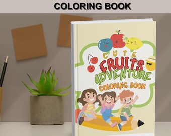 May include: A yellow coloring book with a white cover. The cover features a cartoon illustration of three children riding a giant yellow pencil. The title of the book is "Cute Fruits Adventure Coloring Book".