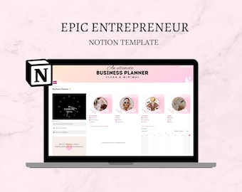 Peut inclure: Un écran d'ordinateur portable affichant un modèle Notion pour un planificateur d'entreprise ultime. Le modèle est propre et minimal avec un schéma de couleurs rose et blanc. Le texte "An ultimate BUSINESS PLANNER CLEAN & MINIMAL" est affiché en haut de l'écran.