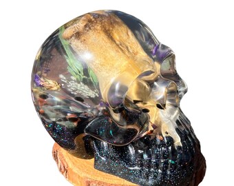 Resin skull with real deer bone frog legged beetles dried flowers green aventurine obsidian red agate and holographic black glitter
