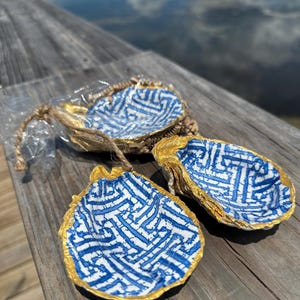 Oyster Ring Dish, Decoupage Jewelry Holder, Trinket Dish, Hostess Gift, Bridesmaid or Wedding Gift,  Coastal Decor, Blue & White, Geometric