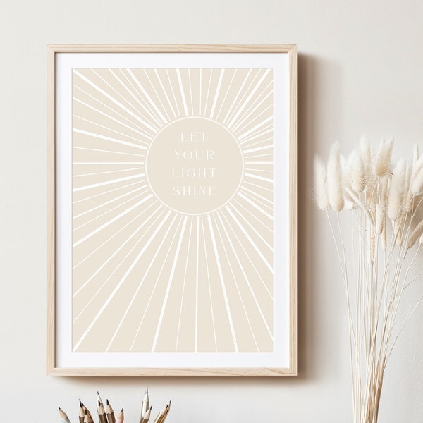 Boho Poster Sonne Quote "Let your light shine" beige, digitaler Download
