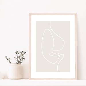Abstract face line art poster grey, digital download, minimalist wall art, lines drawing, greige, boho