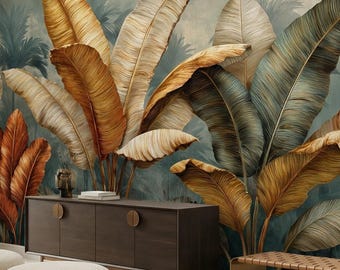 Tropical Banana Leaf Wallpaper Mural Oversized Gold Botanical Jungle Peel and Stick