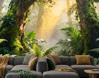 Murale con foresta illuminata dal sole, arredamento per camera da letto con giungla serena, stampa di un santuario verde lussureggiante, boschi mattutini realistici, sfondo naturale rilassante, grande opera d'arte