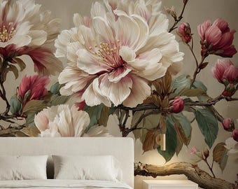 Carta da parati vintage con peonie, carta da parati floreale color crema e rosa per una camera da letto romantica