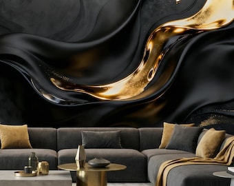 Black and Gold Abstract Wallpaper, Dark Luxury Fluid Art Mural, Peel and Stick Wall Decor, Moody Bedroom Accent, Modern Glam Print