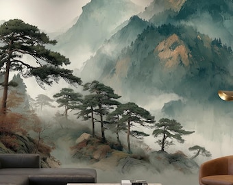 Carta da parati murale ispirata alla natura asiatica con vista sulle montagne verde salvia per un moderno ufficio domestico