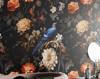 Dark Botanical Peel and Stick Wallpaper Vintage Birds and Floral Elegance Dark Flora and Bird Themed Wallpaper Peel and Stick