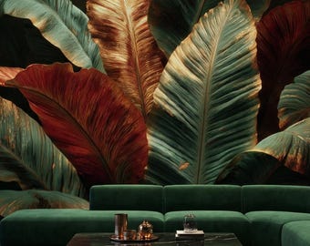 Carta da parati tropicale scura con foglie di banano in rame metallizzato staccabile e attaccabile