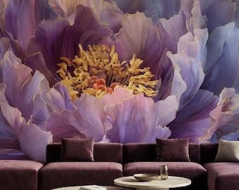 Carta da parati floreale drammatica con peonie viola su larga scala per una moderna casa accademica scura