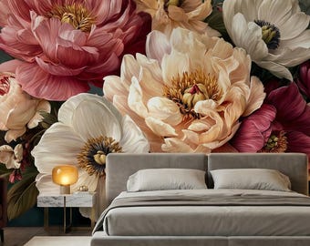 Carta da parati con fiori di anemone su larga scala, decorazione da parete botanica romantica, adatta agli inquilini