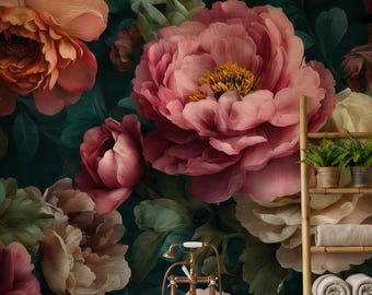 Carta da parati floreale verde scuro, murale da parete staccabile e attaccabile con peonie rosa malinconico