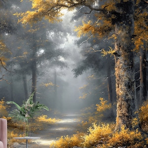 Gold Tree and Forest View Wallpaper, Scenic Wall Mural, Landscape Watercolor Wallpaper, Peel and Stick Wallpaper, Tree Wallpaper