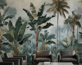 Carta da parati tropicale smorzata, staccabile e attaccabile, murale della giungla per un moderno rifugio da camera da letto