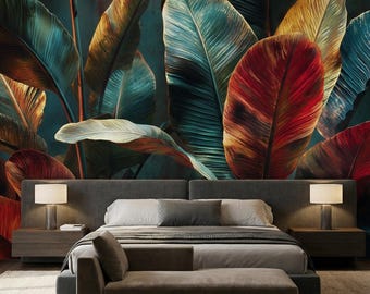 Decorazione murale con foglie di banano rosso acceso e verde acqua, accento di arredamento per la casa massimalista