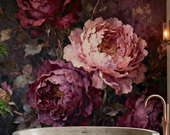 Carta da parati floreale scura staccabile e attaccabile, murale dipinto a olio vintage malinconico, decorazione murale con peonie bordeaux, accento per camera da letto Dark Academia