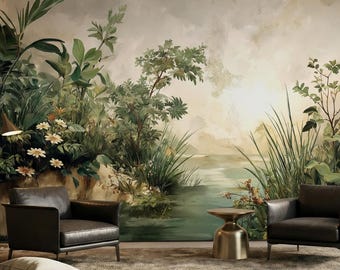 Carta da parati murale vintage con paesaggio verde salvia, stacca e attacca, scena naturale per camera da letto