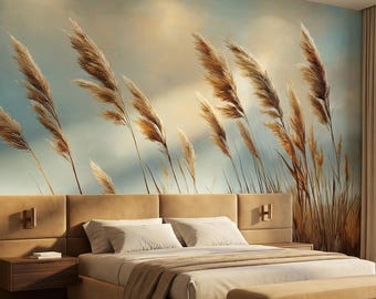 Carta da parati murale rustica con prato, staccabile e adesiva, arte moderna e organica dell'erba della Pampa