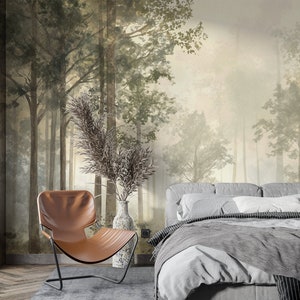 Watercolor Kids Forest Wallpaper Peel and Stick Nursery Pine Tree Wall Mural Non-Woven