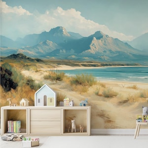 Carta da parati murale con spiaggia costiera - Carta da parati con scena tranquilla di oceano e montagna, decorazione naturale e pittorica delicata