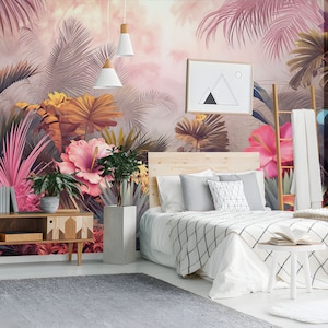 Moderno colorato acquerello giungla tropicale murale audace foresta pluviale botanica carta da parati staccabile e incollata colorato giardino tropicale