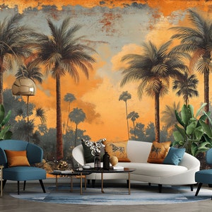 Decorazione murale autoadesiva con foresta tropicale vintage per uffici, carta da parati dorata, decorazione murale antica con foresta tropicale