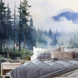 Watercolor Pine Tree Forest Peel and Stick Wallpaper, Nursery Décor, Woodland Decal, Custom Sizes – Misty Woodland Wall Mural