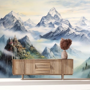 Mountain and Trees Peel and Stick Wallpaper, Removable Wall Mural, Forest Pine Tree Wall Decal, Nursery Wallpaper