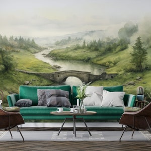 Murale murale foresta scenica, carta da parati paesaggio vintage, buccia e bastone, arredamento della scuola materna