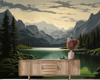 Watercolor Foggy Forest Wall Mural, Woodland Decal, Removable Wallpaper, Bedroom Decor, Peel and Stick