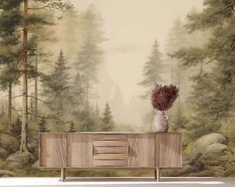 Mural de parede de floresta enevoada, papel de parede removível e adesivo, decoração de berçário, paisagem vintage, papel de parede de árvores, arte de parede da natureza