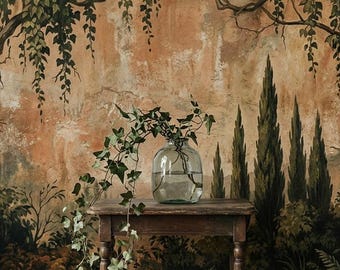 Murale con affresco toscano antico e suggestivo / Carta da parati con paesaggio botanico effetto invecchiato / Decorazione murale vintage con cipresso italiano