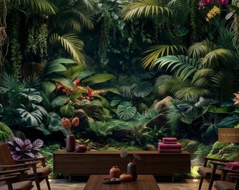 Carta da parati scura con tema botanico, murale giungla massimalista e suggestivo, lussureggiante serra tropicale e decorazione murale per giardino interno.