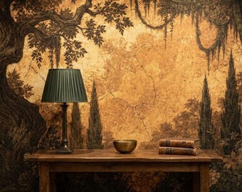 Carta da parati vintage con affresco di giardino italiano / Murale paesaggistico antico color seppia malinconico / Decorazione dark academia con intonaco screpolato / Cipresso romantico